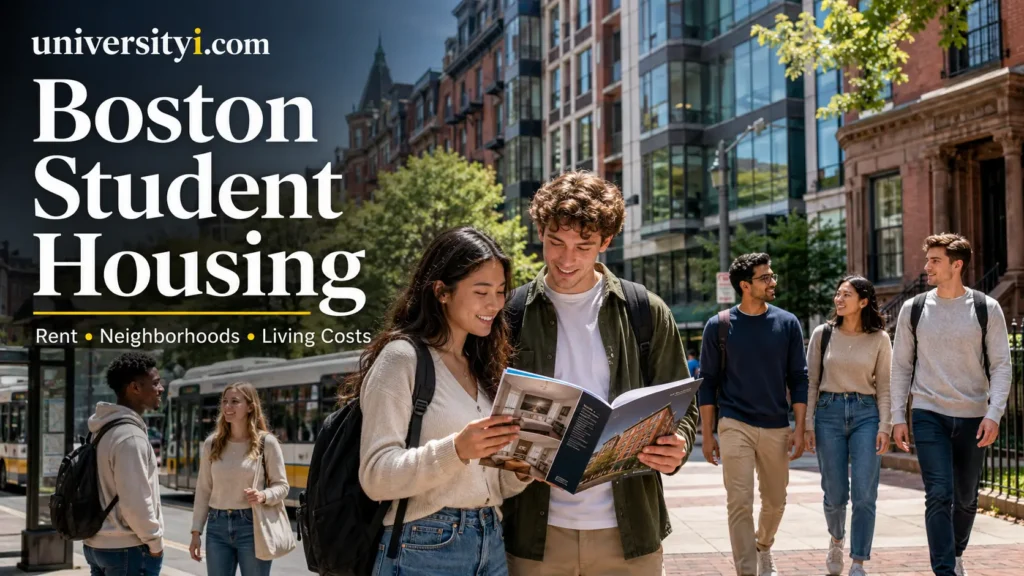 International university students outside apartments in Boston while comparing student housing and living costs