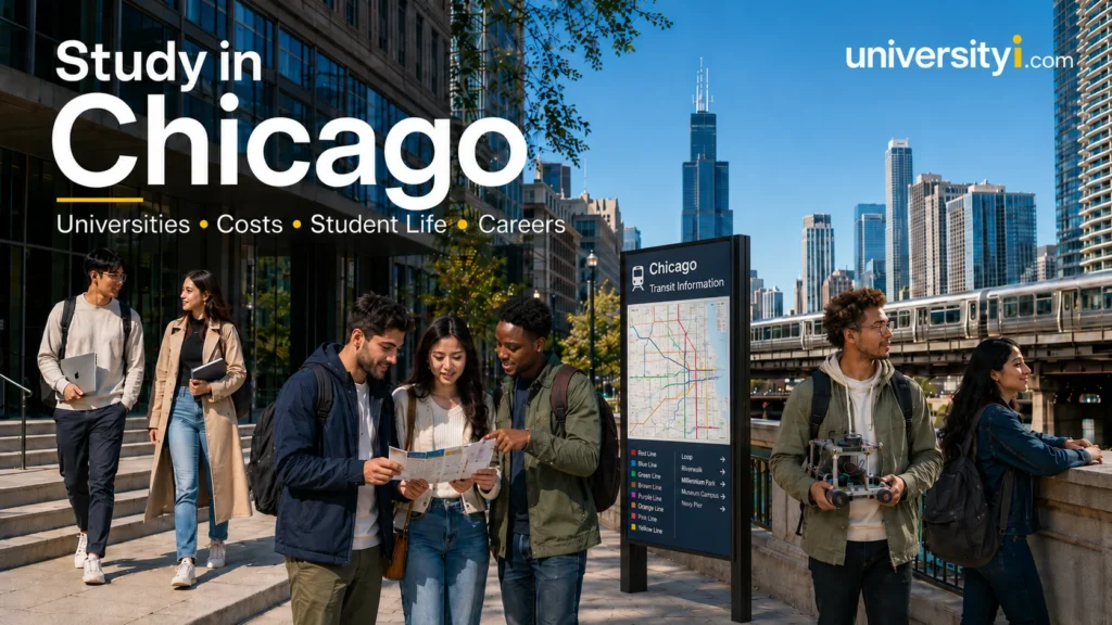 International university students in Chicago with a modern campus, elevated train, downtown skyline and academic environment