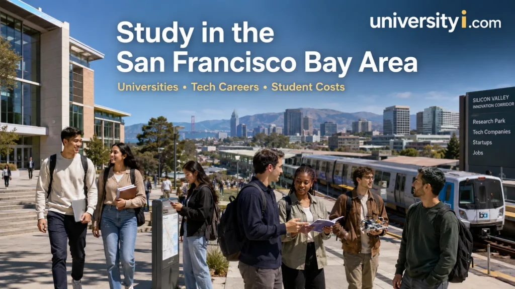 International university students in the San Francisco Bay Area with campus buildings, transit, technology workplaces and the city skyline