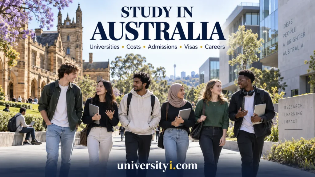 Australian and international students on a university campus for Universityi.com's Study in Australia guide